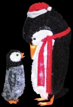 "Fuzzy Plush Mommy And Baby Penguin" Light Up Christmas Decoration